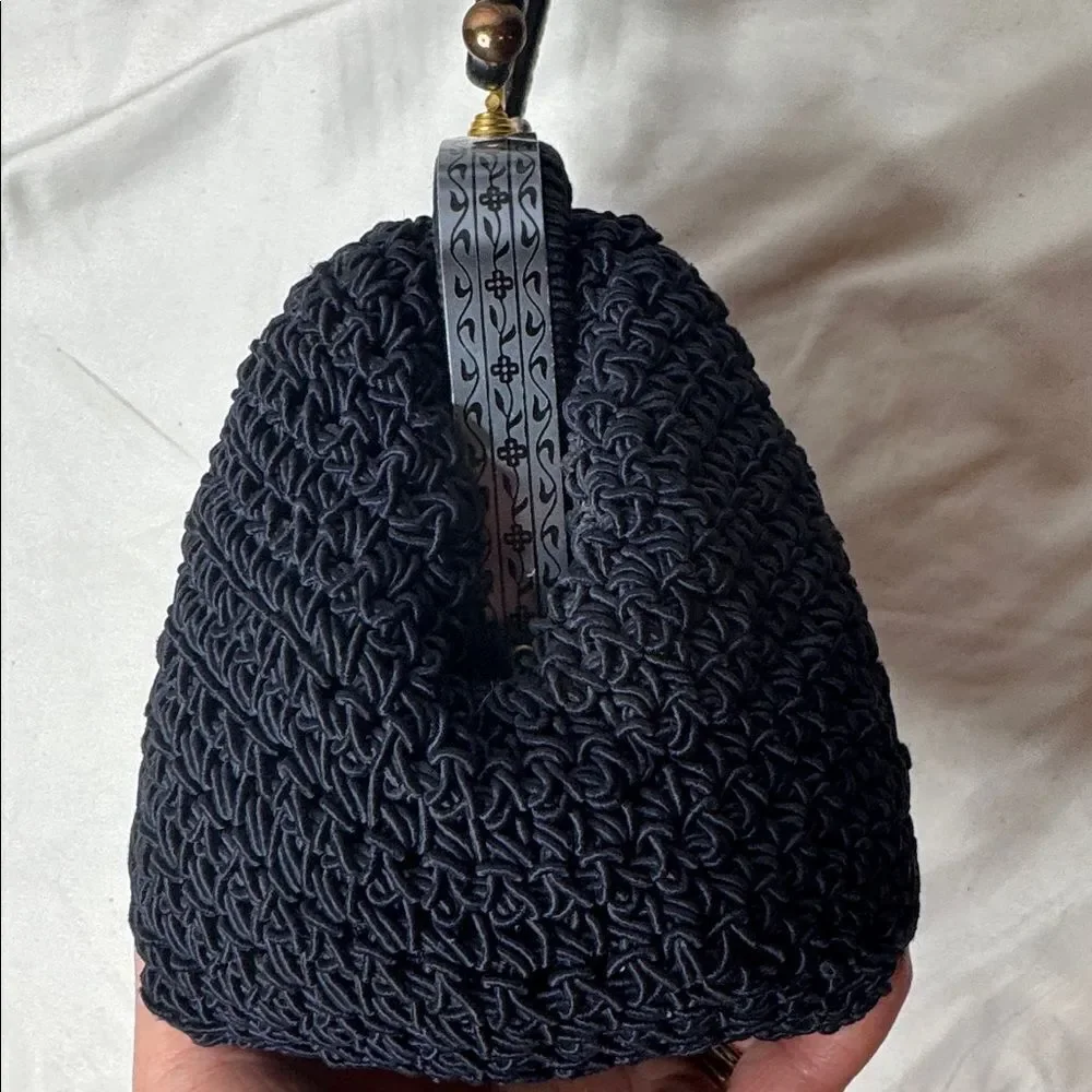 Vintage 60’s Black Knit Dumpling Bag With Silver And Gold Fixtures.